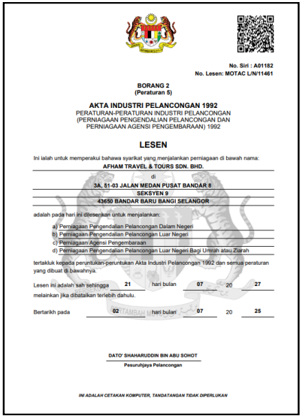 Sijil atau lesen rasmi Afham Travel